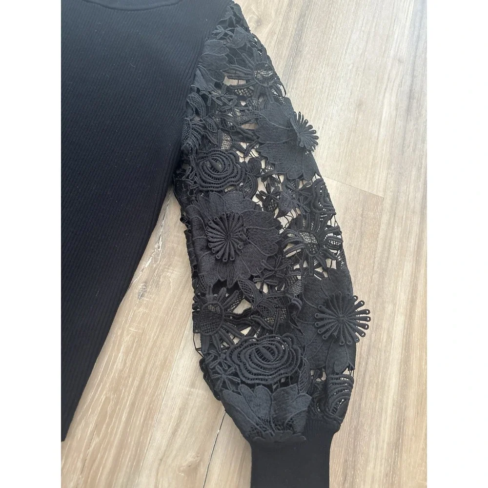 Milly Velvet Lace-Sleeve Rib-Knit Sweater - Picture 3 of 8